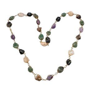 Vintage 31-Inch Multi-Gemstone Amethyst Jade Agate Quartz GP Wire Wrap Necklace